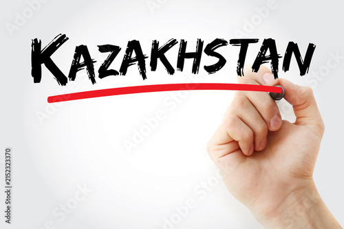KAZAKHSTAN text handwritten. Kazakhstan is the world's largest landlocked country, a Central Asian nation known for its vast steppes, diverse ethnic heritage, and rich natural resources