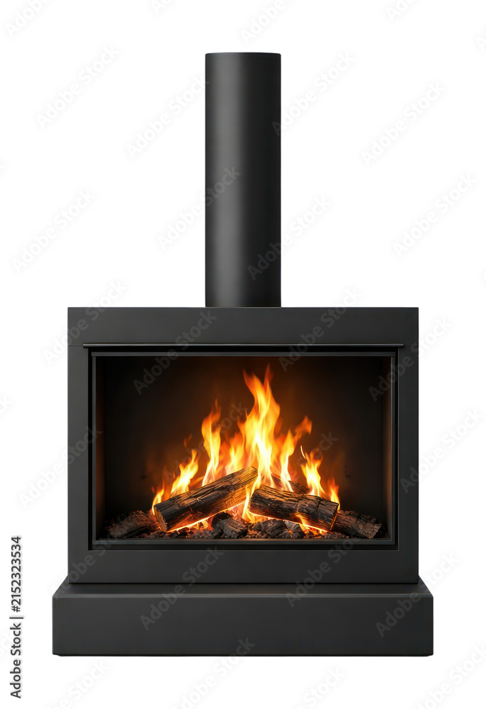 Fototapeta premium PNG Modern black fireplace with flames.