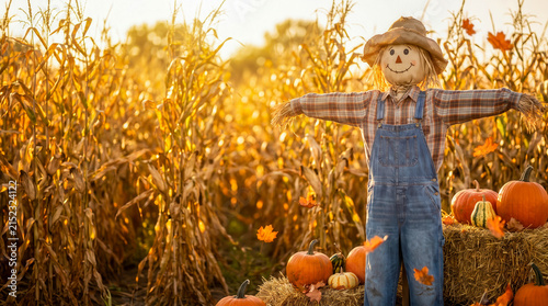 A friendly scarecrow standing in a golden cornfield during a beautiful autumn sunset
