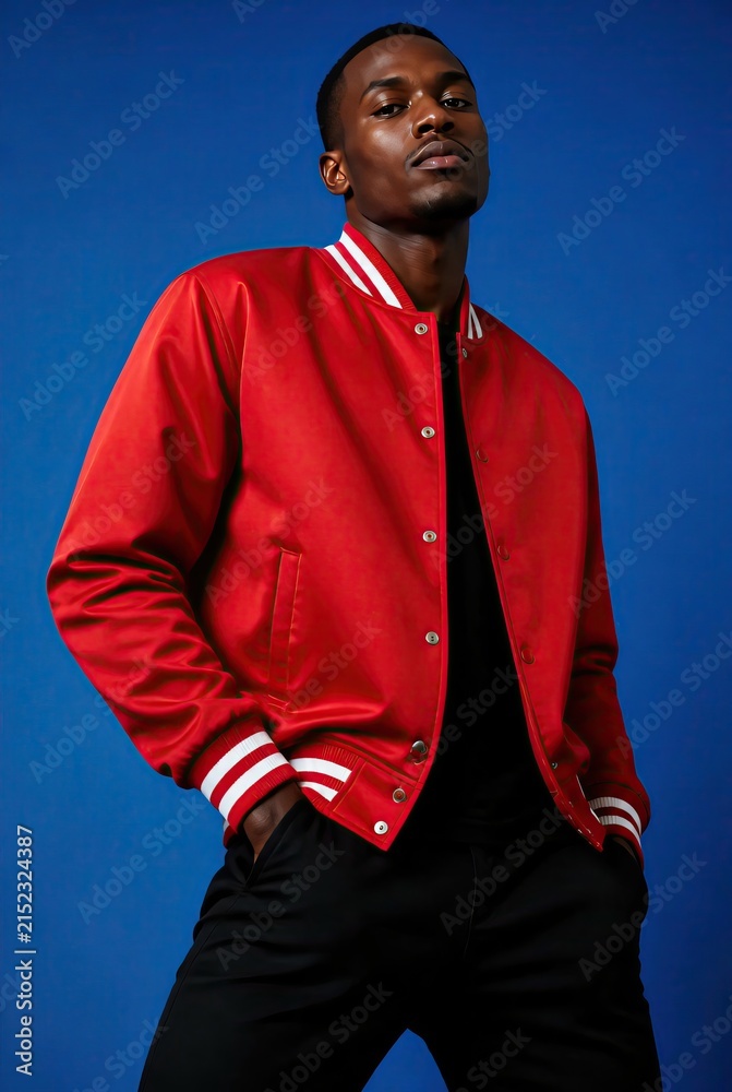 Naklejka premium Confident Young Man Wearing Red Varsity Jacket Posing Against Vibrant Blue Background in Studio