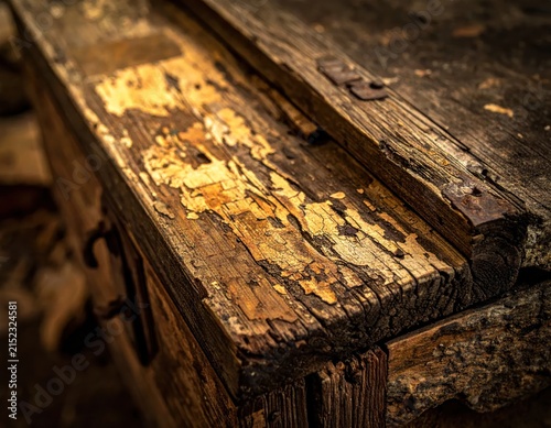 Close up top view of weathered wooden chest lid.