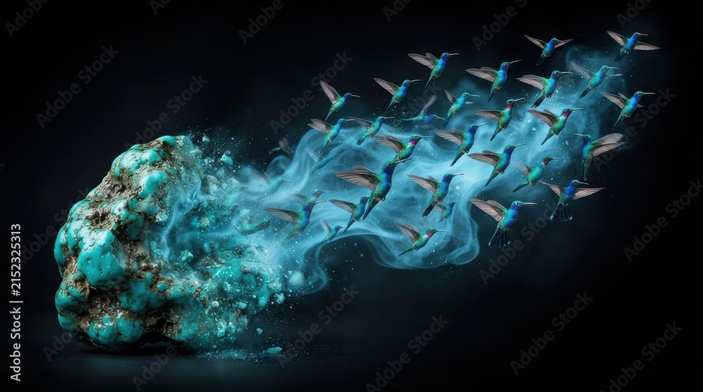 Fototapeta premium Turquoise stone transforming into a flock of flying hummingbirds