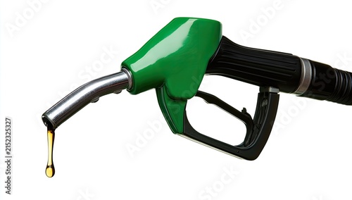 Close-up of a green fuel nozzle with a drop of gasoline falling.