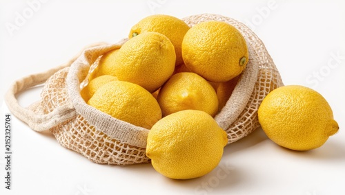 Fresh Lemons in a Reusable Mesh Bag on a White Background.