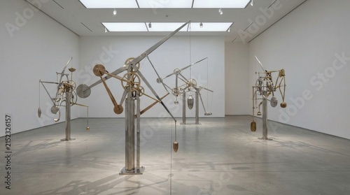 Intricate kinetic sculptures made of polished metal displayed in a modern art gallery exhibition space