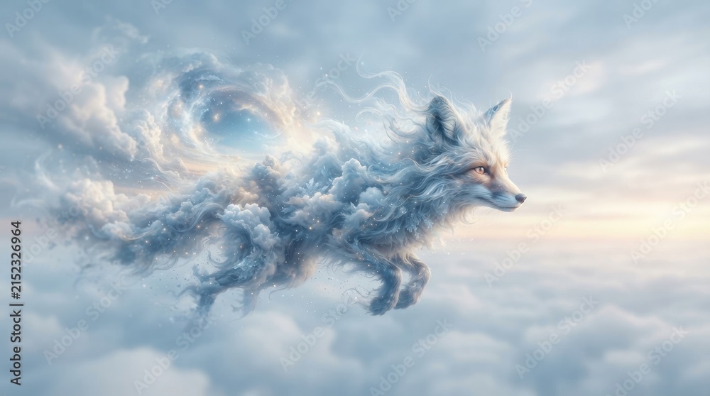 Obraz premium Ethereal cloud fox soaring through the sky