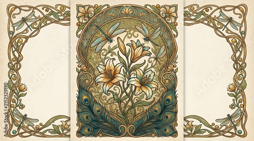 Art Nouveau floral panels with lilies and dragonflies.