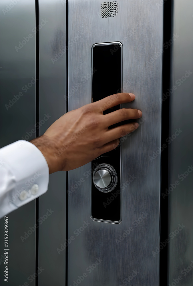 Naklejka premium Person in white shirt reaching for a modern elevator call button on a brushed metal panel, close up