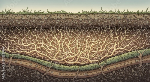 Intricate Network of Plant Roots Within Detailed Earth Soil Layers Cross Section