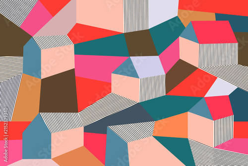 Isometric Cityscape Abstract Geometric Background. Playful elements patchwork pattern.