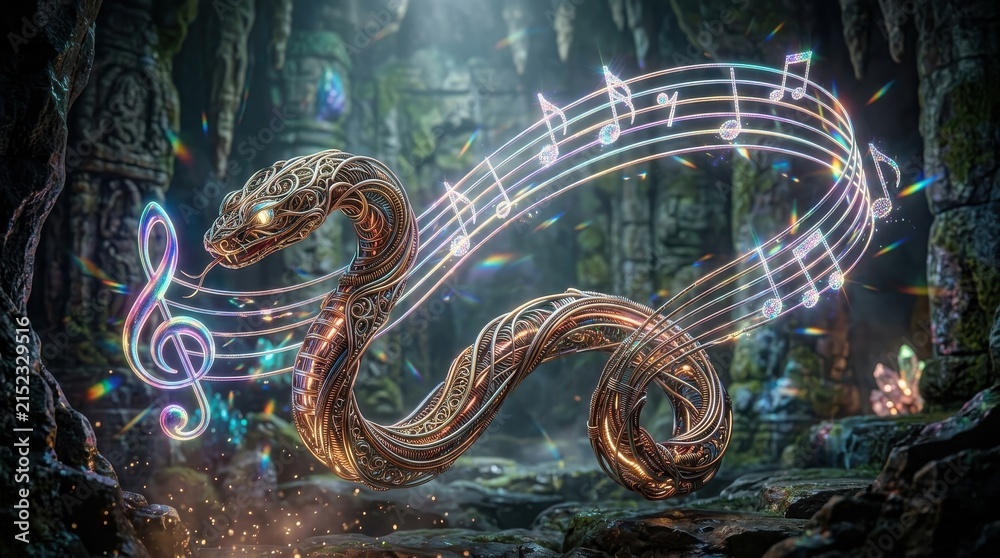 Obraz premium Metallic ornamental snake with holographic musical notes in mystical cave
