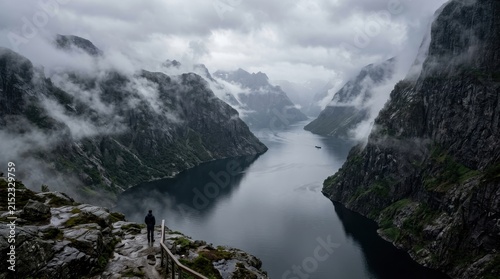 Lone hiker stands on a cliff edge overlooking a vast, misty fjord with steep, dramatic cliffs plunging into dark water.