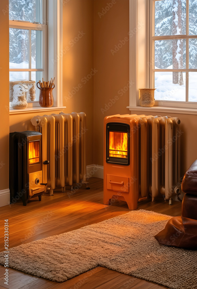 Obraz premium Cozy living room interior with two burning wood stoves and radiators by windows overlooking a snowy winter landscape, Sunlight streams through windows