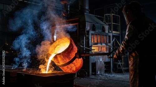 Molten Aluminum Being Poured from a Smelting Pot in a Fiery Industrial Foundry