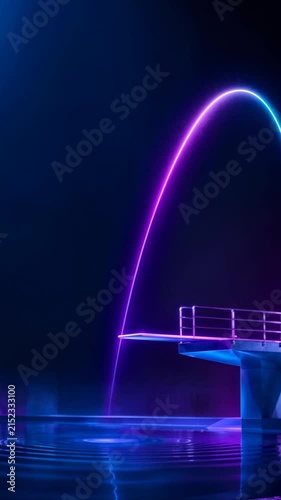 Glowing neon arc above diving platform and pool. Diving trajectory and aquatic sport concept, copy space for text
