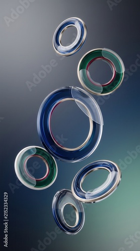 Floating abstract glass rings and circular shapes in minimalist composition