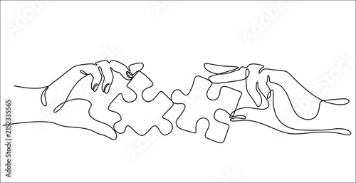 Single continuous line art of two hands joining puzzle pieces, teamwork and problem solving concept, hand drawn illustration, 