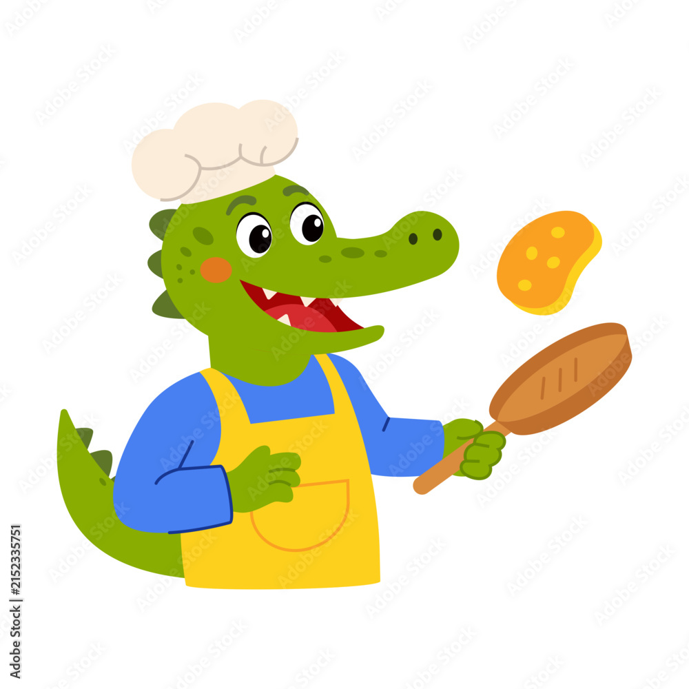 Naklejka premium Smiling crocodile chef wearing an apron and tossing food while cooking.