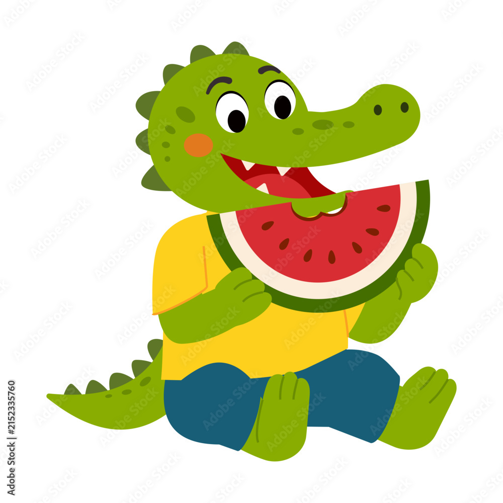 Fototapeta premium Happy crocodile sitting and enjoying a large slice of fresh watermelon.