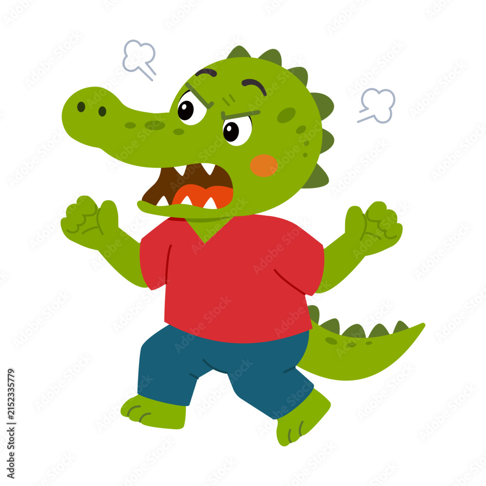 Obraz premium Frustrated crocodile shouting with clenched fists and steam clouds around its head.