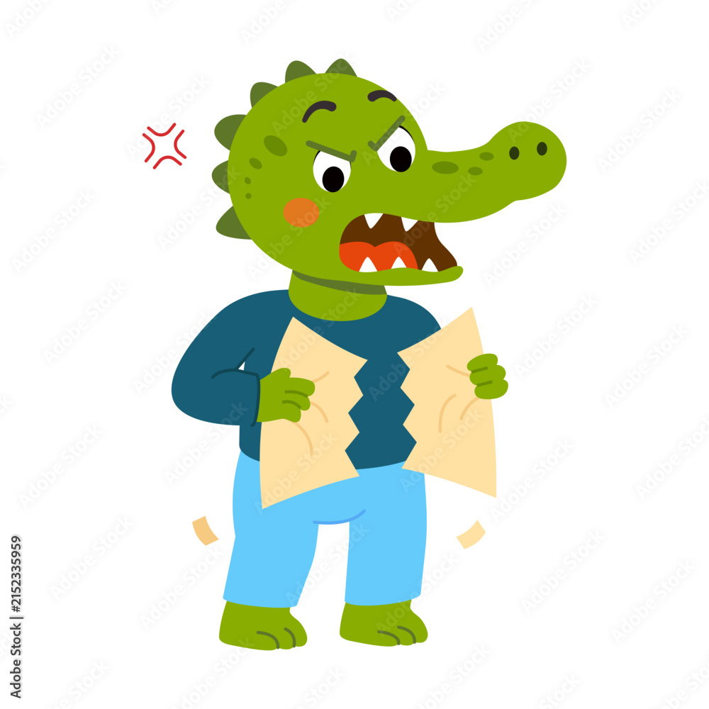 Obraz premium Upset crocodile angrily ripping a sheet of paper into pieces.