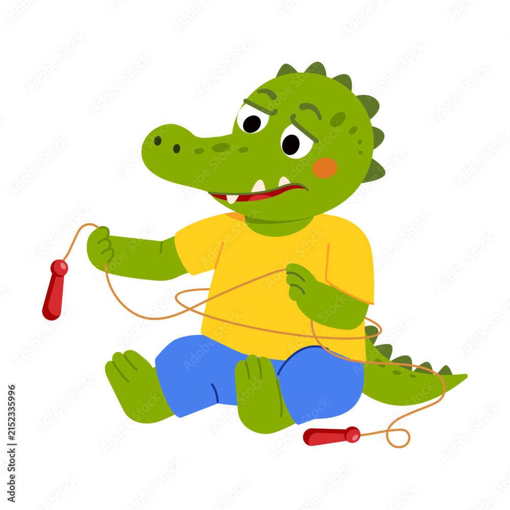 Naklejka premium Injured crocodile sewing and repairing its torn tail with thread and needle.