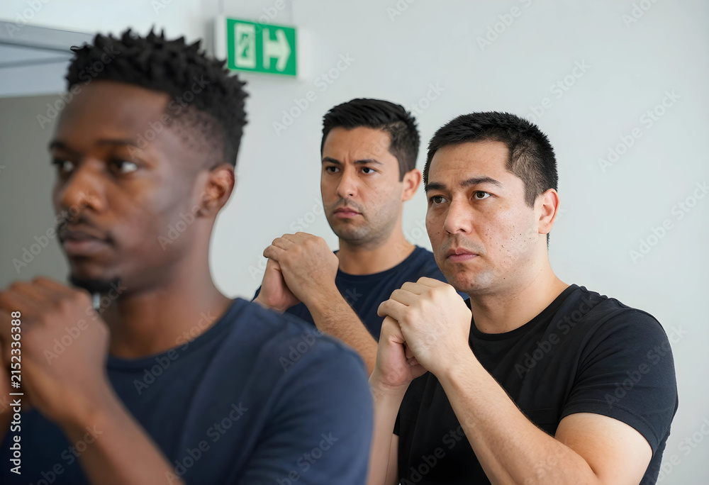 Obraz premium Diverse group of men with serious expressions and clasped hands in a classroom or training setting, the individuals appear focused and attentive, a learning or professional development