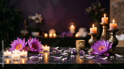 Spa still life with purple lotus flowers, candles, and crystals on a dark marble table