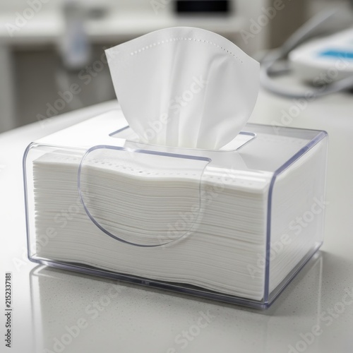 Stack of Sterile Medical Wipes in a Clear Plastic Dispenser on a White Surface