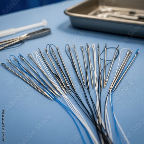 Sterile Surgical Suture Needles with Attached Thread Laid Out on a Blue Medical Surface