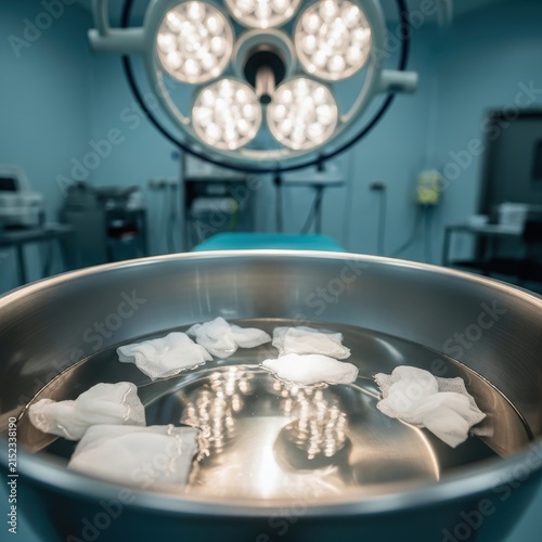 Sterile stainless steel surgical basin filled with water and gauze swabs under bright operating room lights