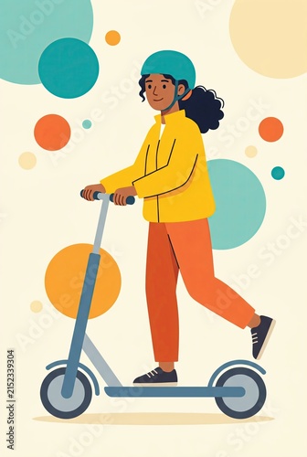Young Woman Riding an Electric Kick Scooter in a Colorful Flat Illustration with Abstract Circle Background