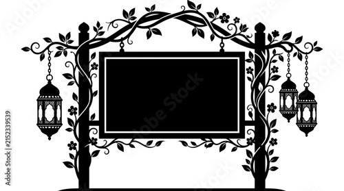 Foto Elegant floral archway with lanterns and decorative frame silhouette