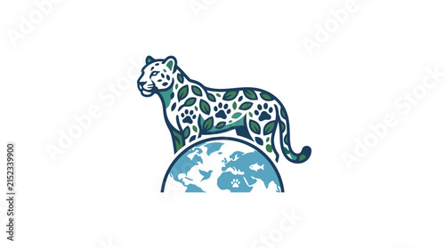 Vector Illustration of a Nature-Inspired Jaguar Standing atop a Globe Icon