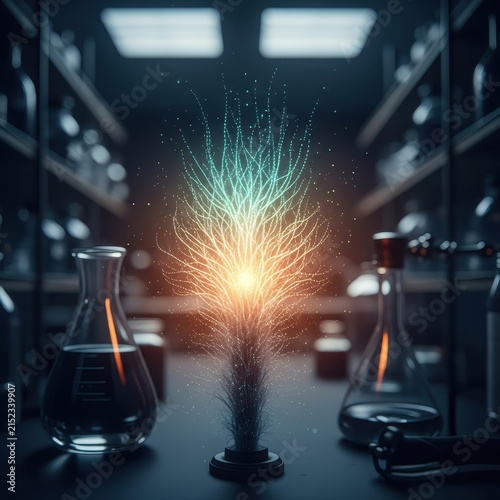 Vibrant Glowing Energy Particle Emanating from a Scientific Experiment in a Dark Laboratory