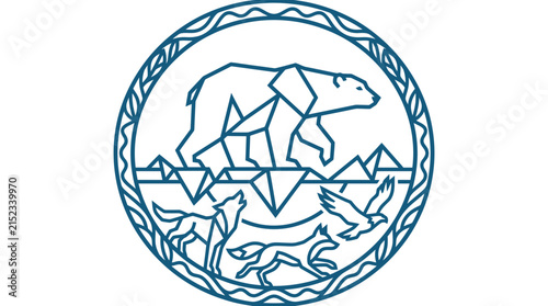 Geometric Line Art Illustration of Arctic Wildlife Encircling a Frozen Landscape