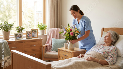 Palliative care nurse arranging flowers in hospice room