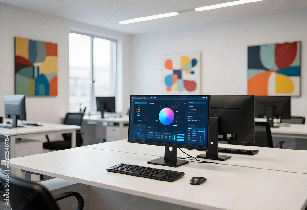Naklejka premium Modern office interior with computer monitors displaying data analytics dashboards on white desks