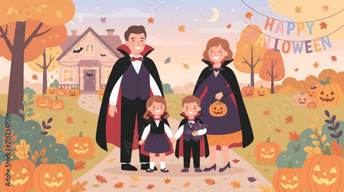 Illustration of family wearing vampire costumes on Halloween