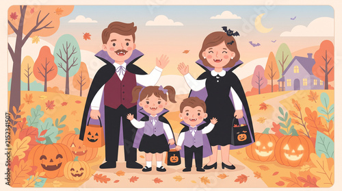 Illustration of family wearing vampire costumes on Halloween