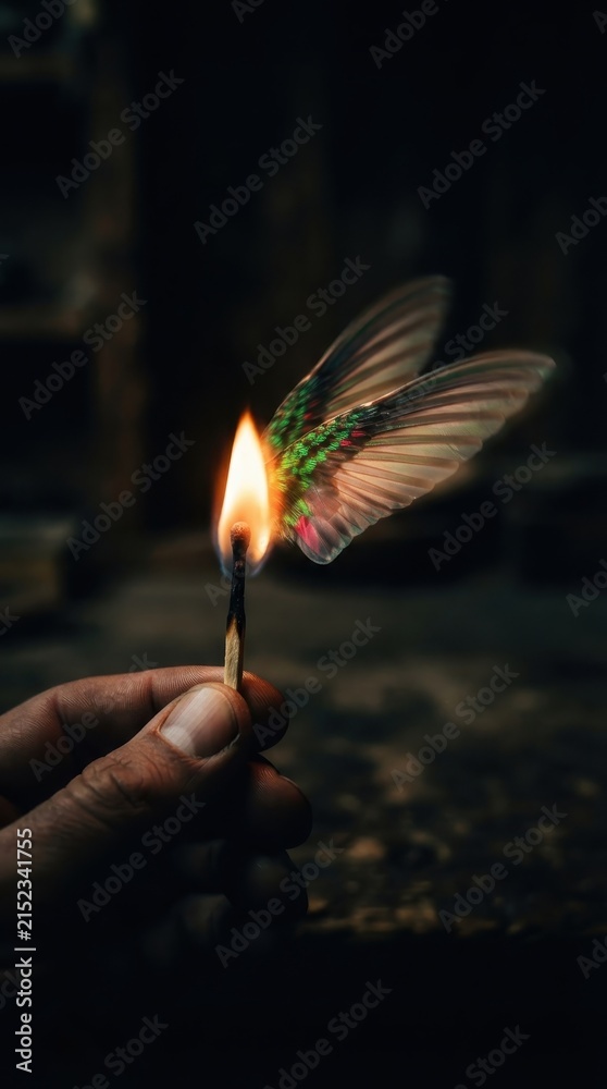 Obraz premium Burning matchstick with ethereal hummingbird wings