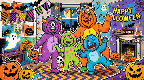 Illustration of family wearing vampire costumes on Halloween