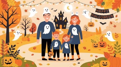 Illustration of family wearing vampire costumes on Halloween