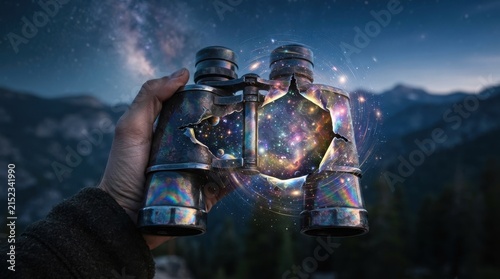 Binoculars holding a cosmic galaxy view over a mountain landscape