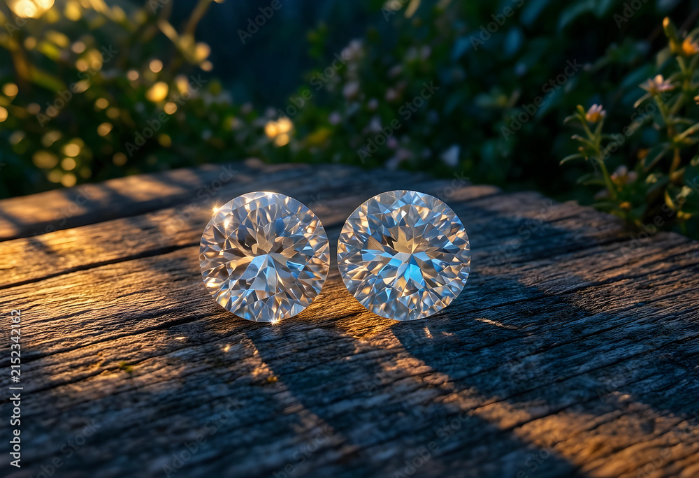 Obraz premium Two brilliant cut diamonds sparkling with natural light on a rustic wooden surface outdoors, luxury and elegance