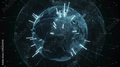 Futuristic digital earth with glowing data markers and grid