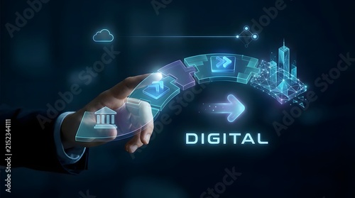 Digital transformation concept with a hand interacting with a glowing network of data and financial building blocks