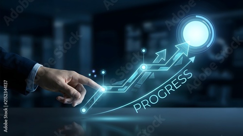 Business growth concept with a hand touching a glowing progress arrow and digital interface on a blurred city background