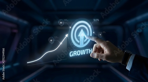 Digital growth concept with a hand pointing towards a glowing upward arrow and increasing statistics in a futuristic interface