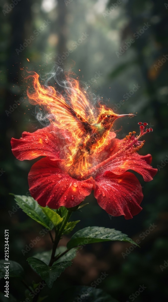 Obraz premium Fiery hummingbird hovering over a red hibiscus flower